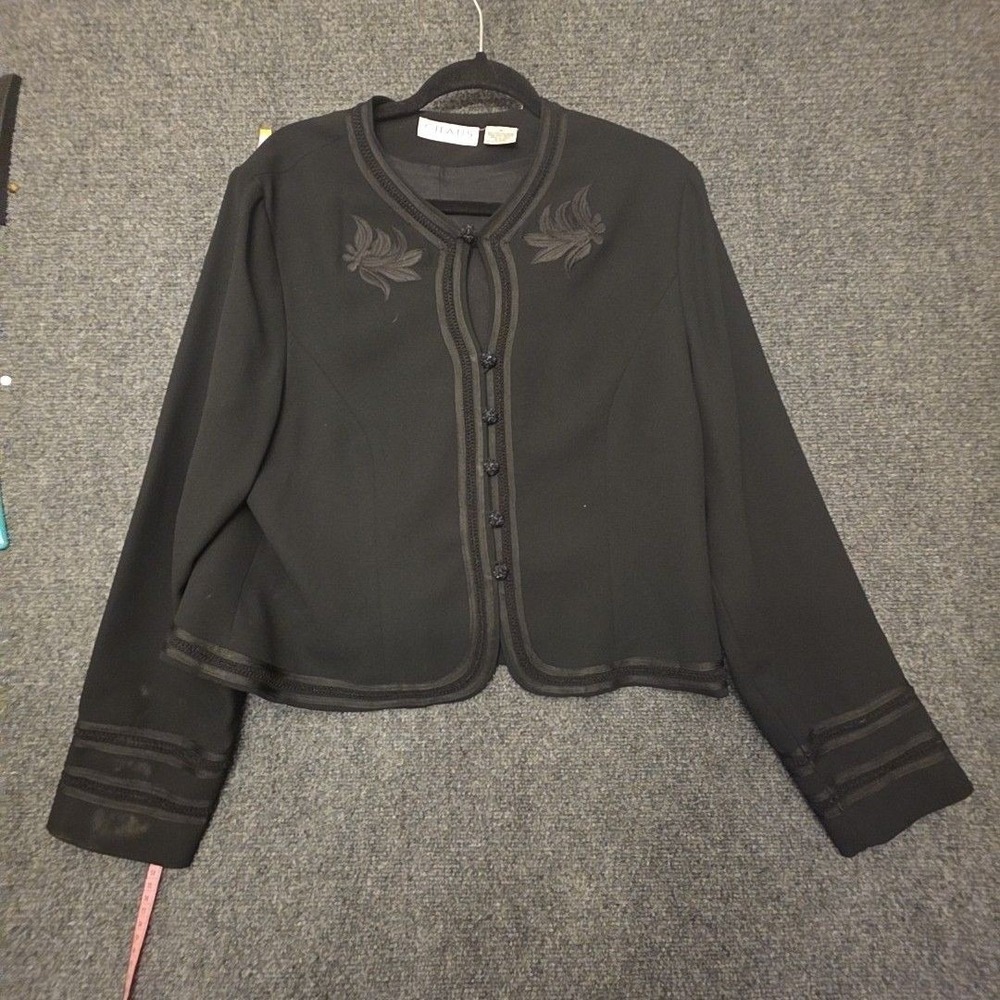 Chaus Jacket Womens 16 Black Crepe Embroidered Collarless Button Front Lined